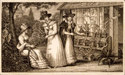 Drie dames tuinieren bij de potting shed, ca. 1820s